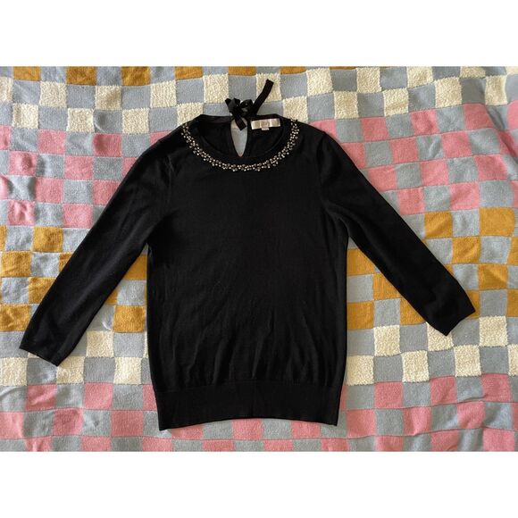 LOFT Women's Jeweled Embellished Neckline Sweater Size S Black Work Office Chic - Picture 1 of 5